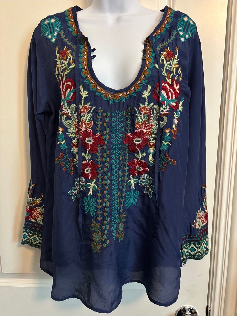 All Avout Her Embroidered Navy Boho Tunic Top with Floral Accent S # 160T